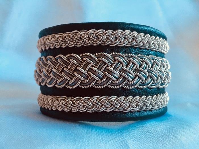 Swedish Sami Bracelet of pewter thread with shops 4 % silver, and reindeer leather.